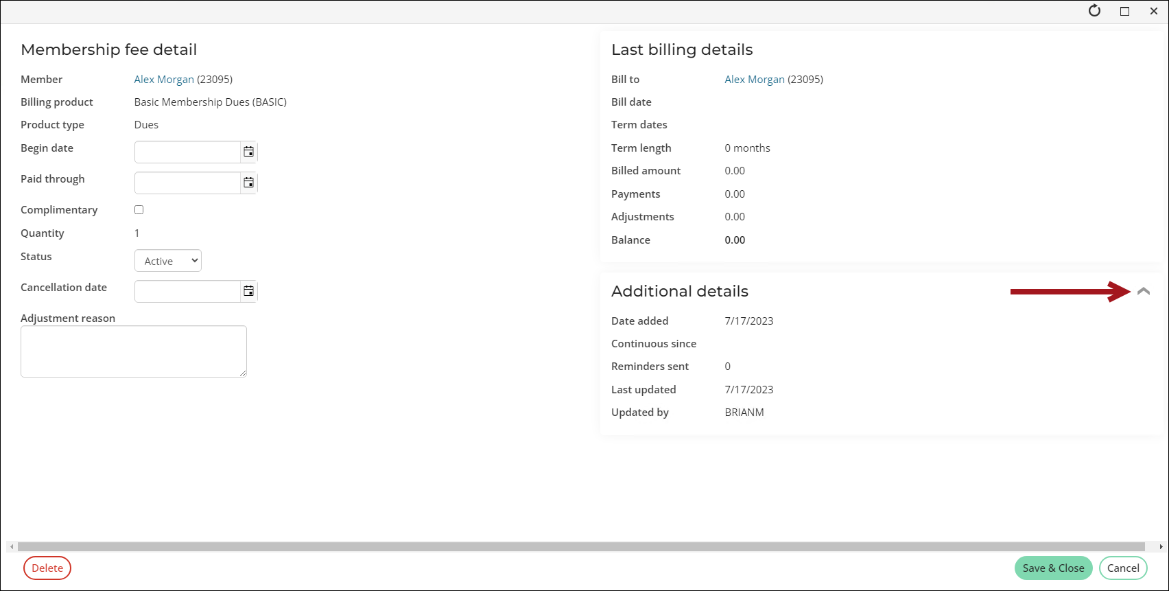 Expanding the additional details in the membership fee details window